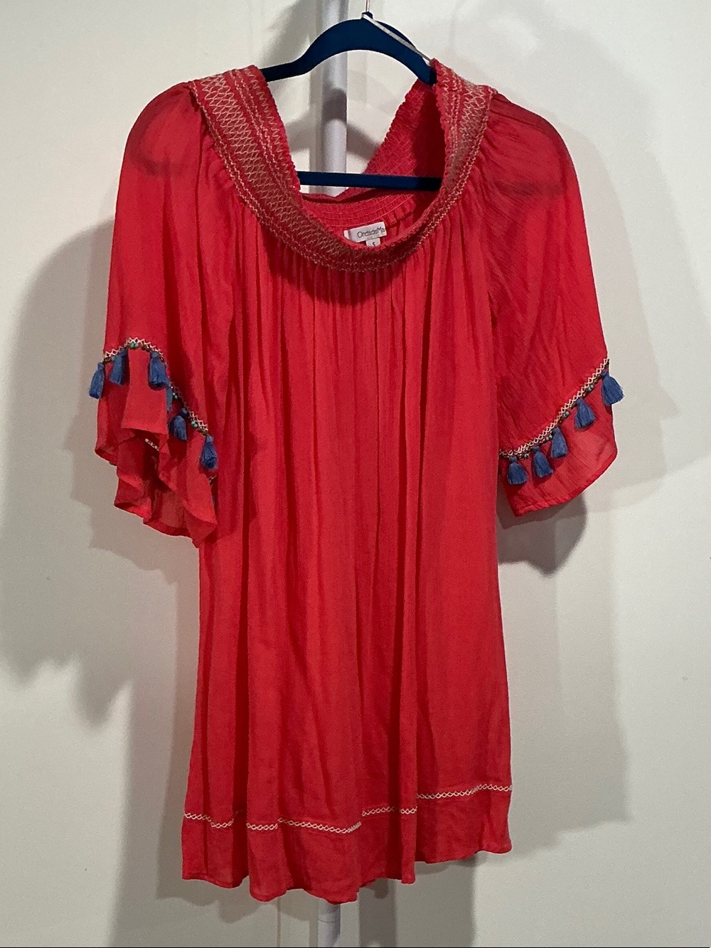 Christy Dawn coral-red tassel sleeve peasant tunic